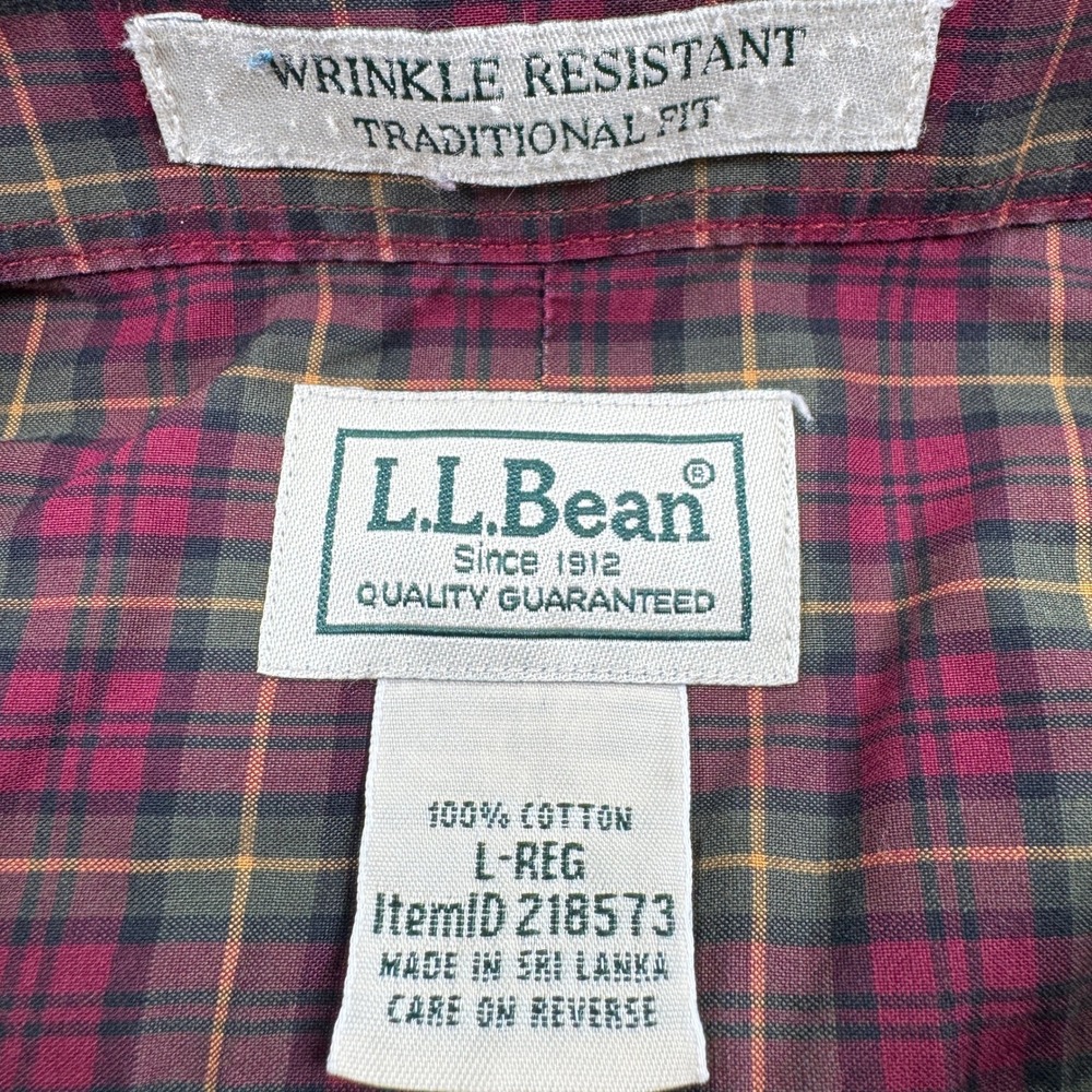 LL Bean Mens Shirt Wrinkle Resistant Traditional Fit Plaid Cotton Burgundy L REG - Picture 8 of 8